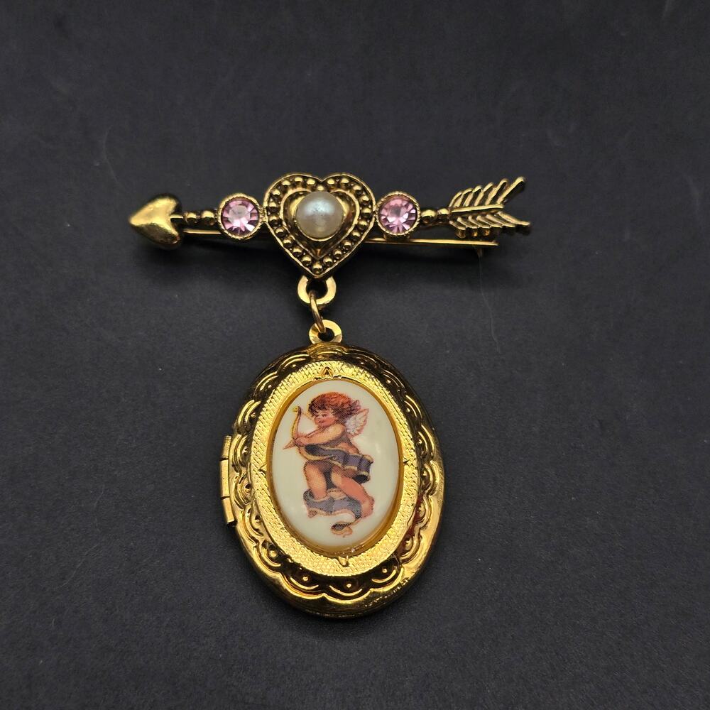 Avon 1996 Cherished Moments Locket Brooch Cherub Cupid Gold Tone Vintage